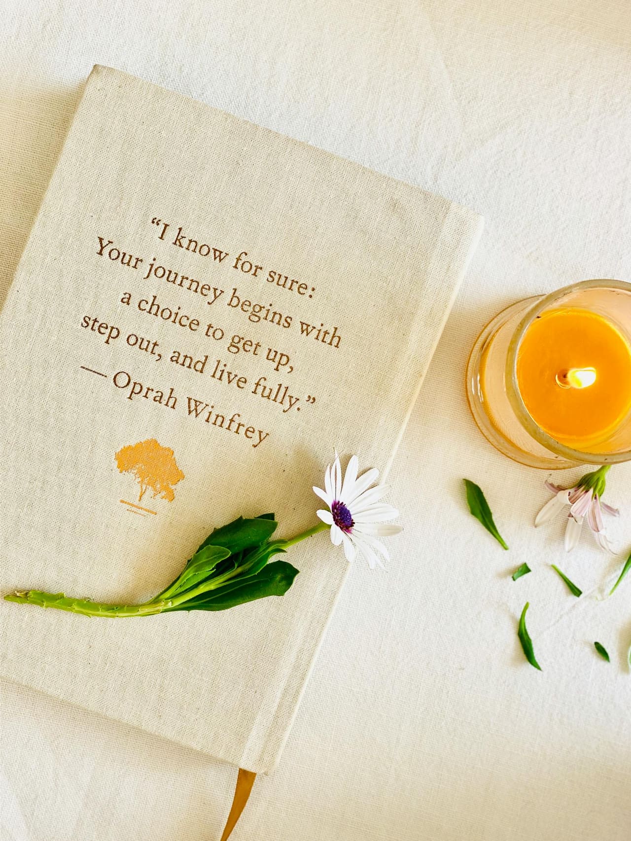 A candle, a book, and dried flowers arranged together.